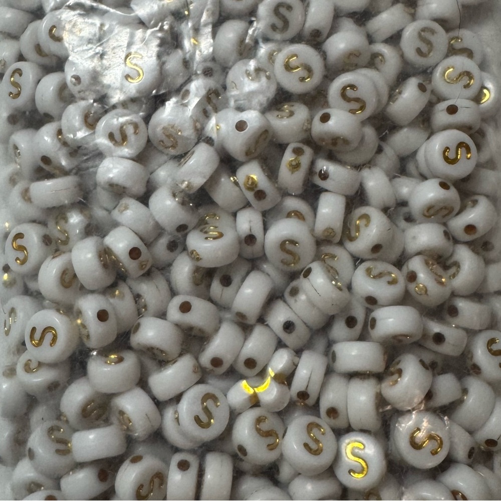 White Beads with Gold Letter S